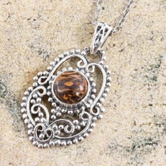 Artisan Crafted Indian Script Stone 925 Sterling Silver Necklace - Picture 2 of 3